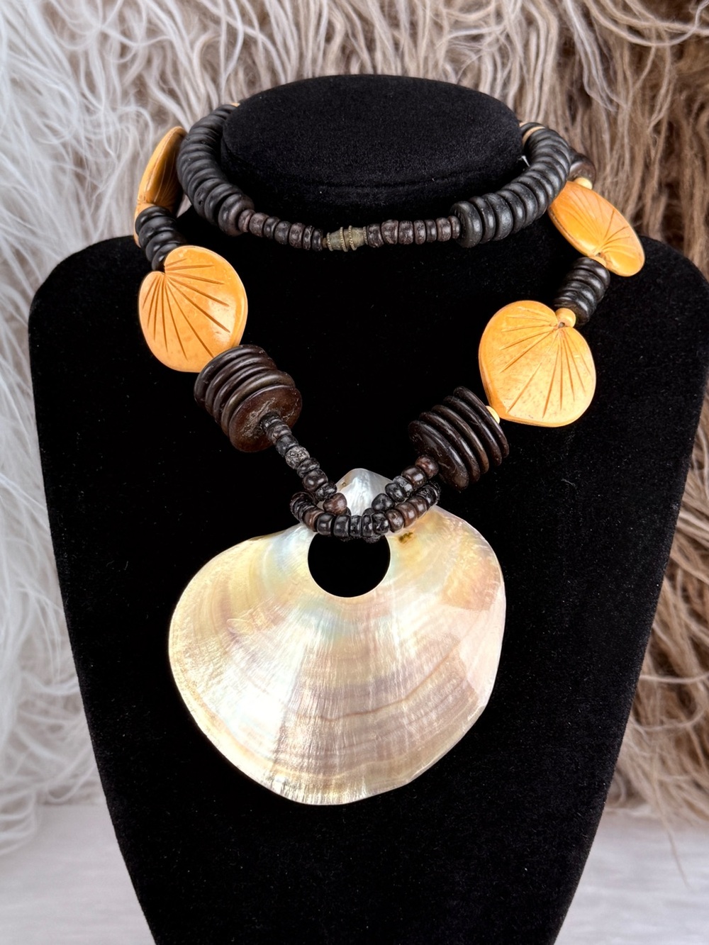 Vintage Shell Pendant Statement Necklace Natural Tone Beaded Design